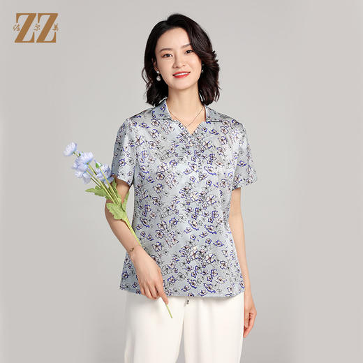 夏季新款 气质桑蚕丝真丝小碎花短袖衬衣女E22CS42 商品图0
