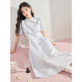 复古国风改良旗袍裙女夏季新中式长款浮雕泡泡袖连衣裙女V0930756