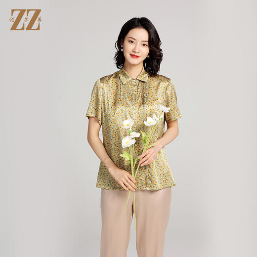 夏季新款 气质桑蚕丝真丝小碎花短袖衬衣女E22CS10 商品图0