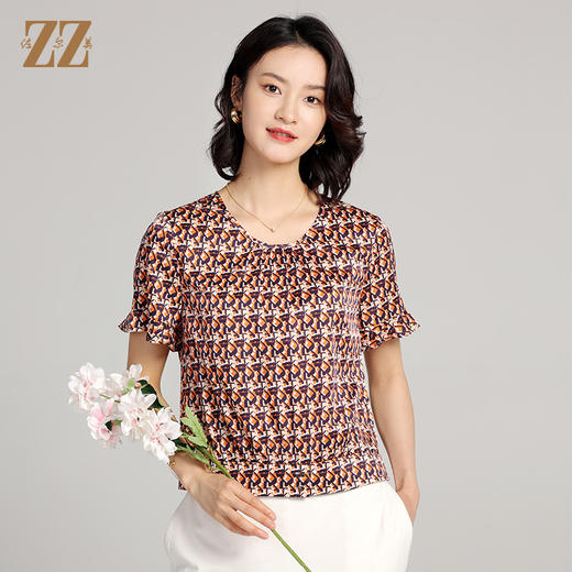 佐尔美夏季新款 时尚碎花桑蚕丝真丝短袖衬衣女E22CS59 商品图0