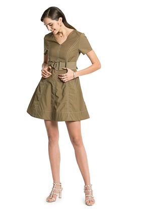 NOIR 军绿色V领连衣裙 2188