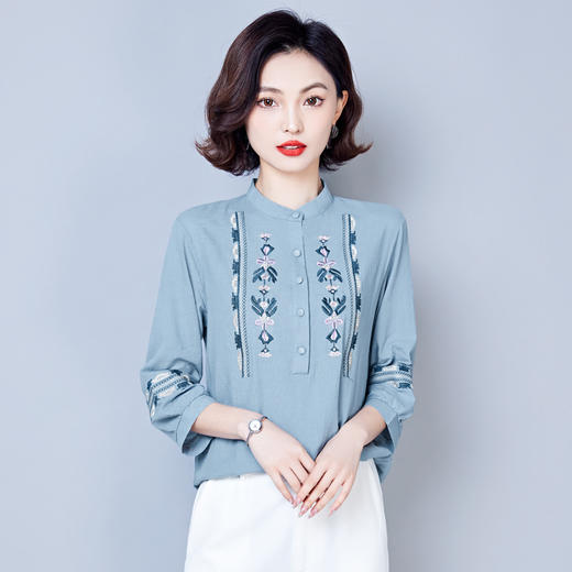 春秋妈妈装气质洋气小衫百搭大码棉麻绣花衬衫上衣KQL-C18T110 商品图2