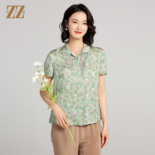 夏季新款 桑蚕丝真丝短袖小碎花衬衣女E22CS27 商品图2