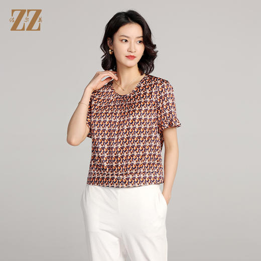 佐尔美夏季新款 时尚碎花桑蚕丝真丝短袖衬衣女E22CS59 商品图1
