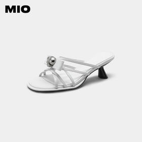 MIO米奥夏季纯色中跟编织拖鞋闪钻小钉珠设计感时髦舒适一字拖女M233111319