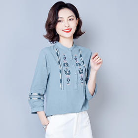 春秋妈妈装气质洋气小衫百搭大码棉麻绣花衬衫上衣KQL-C18T110