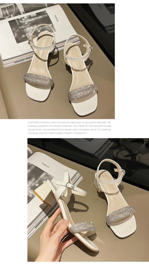 气质一字带水钻露趾高跟凉鞋！！今天安利给大家这款粗跟凉鞋~不容易挤脚、压脚，镂空款更清爽！！ 商品图4