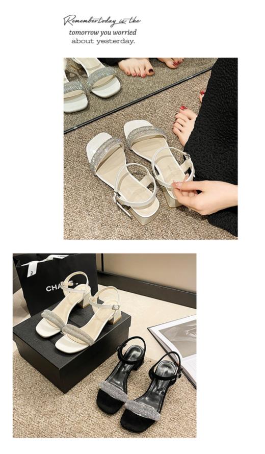 气质一字带水钻露趾高跟凉鞋！！今天安利给大家这款粗跟凉鞋~不容易挤脚、压脚，镂空款更清爽！！ 商品图2