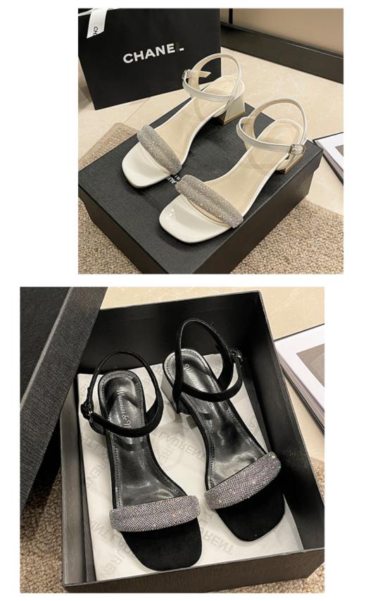 气质一字带水钻露趾高跟凉鞋！！今天安利给大家这款粗跟凉鞋~不容易挤脚、压脚，镂空款更清爽！！ 商品图1