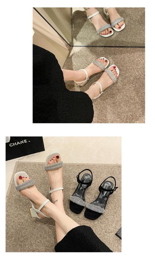 气质一字带水钻露趾高跟凉鞋！！今天安利给大家这款粗跟凉鞋~不容易挤脚、压脚，镂空款更清爽！！ 商品图6