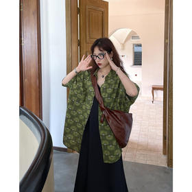 【宽松百搭藏肉港风】复古港风绿色衬衫女夏季设计感小众上衣宽松别致百搭印花短袖衬衣