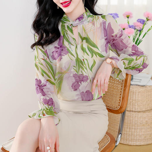 复古印花雪纺衬衫，设计感小众泡泡袖衬衫KQL-413H6576 商品图1