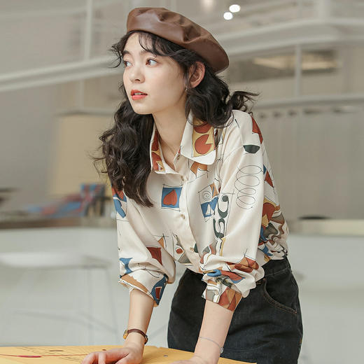 【印花衬衣宽松港风显瘦】2023春秋新款韩版休闲时尚设计感印花宽松衬衣薄款外套长袖衬衫女 商品图1