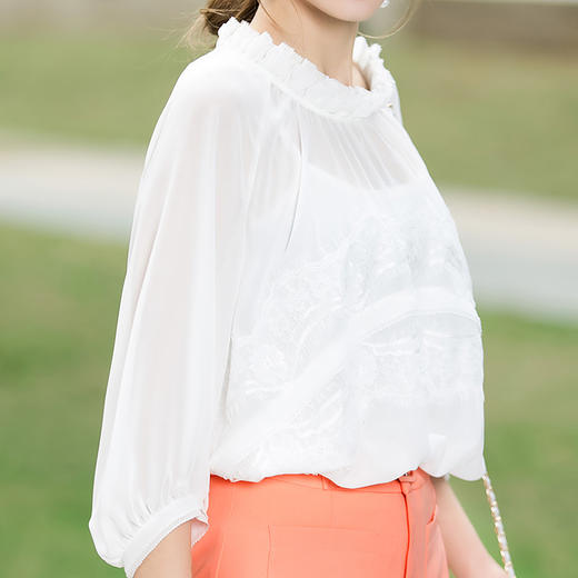 欧芮儿2016春夏新款女装立领七分袖宽松白色蕾丝拼接雪纺衫上衣女 商品图3