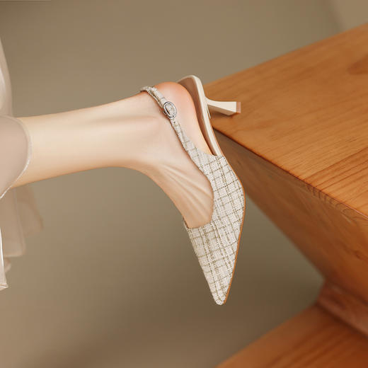 春夏新款，尖头亚麻鞋面格纹优雅细跟凉鞋ZZ-Z1056 商品图6