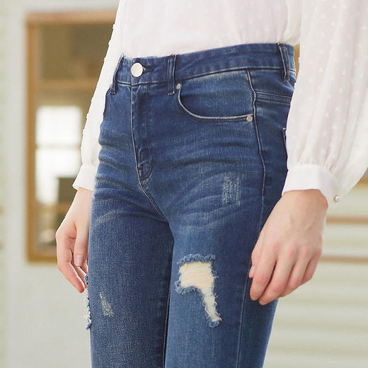 欧芮儿2021冬季新款破洞牛仔裤女 高腰显瘦九分裤网红复古小脚裤 商品图2