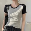 【显瘦显高辣妹美式复古】2023夏季新款辣妹美式纯欲上衣女拼色短袖撞色螺纹短袖打底衫 商品缩略图1
