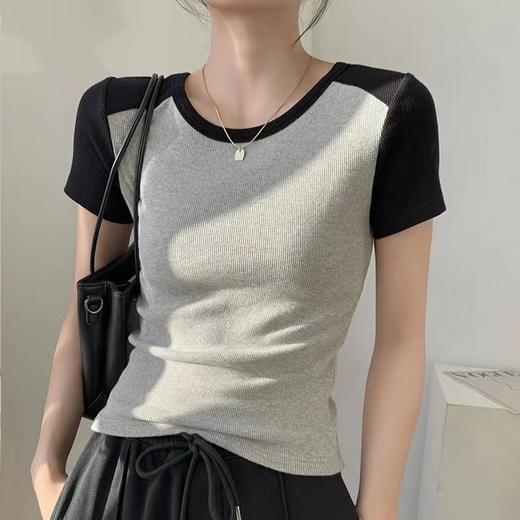【显瘦显高辣妹美式复古】2023夏季新款辣妹美式纯欲上衣女拼色短袖撞色螺纹短袖打底衫 商品图1