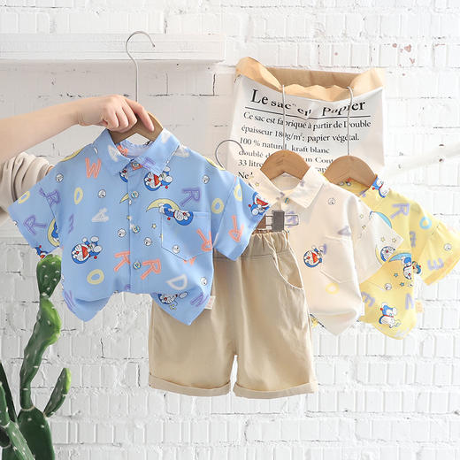 夏季新款叮当猫印花衬衫休闲中裤百搭潮流儿童两件套童装 商品图0