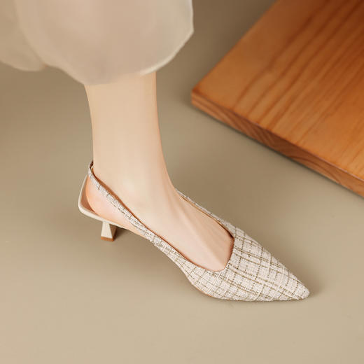 春夏新款，尖头亚麻鞋面格纹优雅细跟凉鞋ZZ-Z1056 商品图4