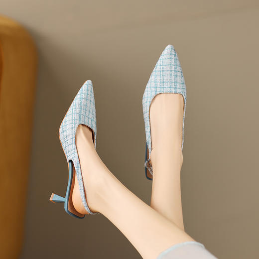 春夏新款，尖头亚麻鞋面格纹优雅细跟凉鞋ZZ-Z1056 商品图14