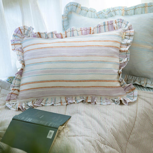 亚麻条纹系列花边枕全荞麦壳纯棉护颈枕 商品图0