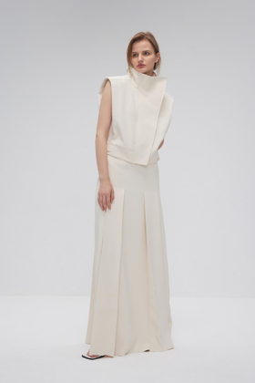 腰贴撞色中长百褶裙