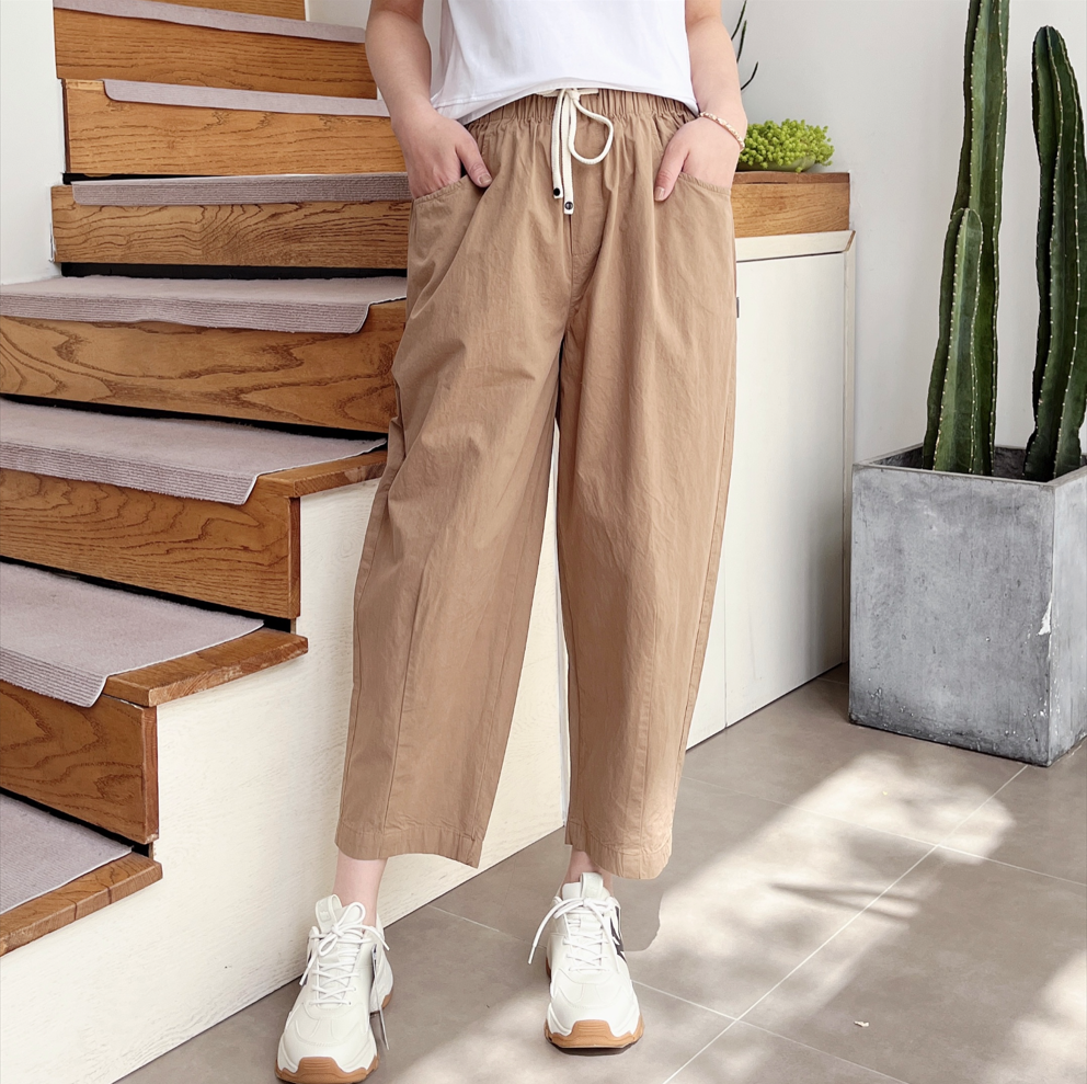 2023新款舒适简约锦棉休闲裤长裤系带松紧腰纯色女裤