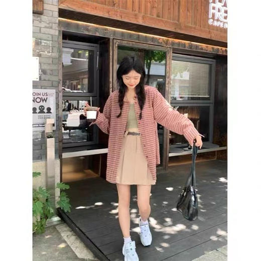 【美式复古格子衬衫】女长袖2023春季薄款宽松休闲开衫外套上衣衬衣潮 商品图4