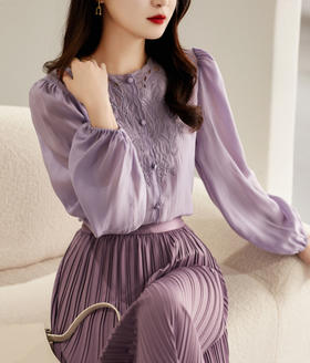 TGG法式优雅风 定位刺绣 气质圆领长袖衬衫灯笼袖小上衣衬衫女春秋