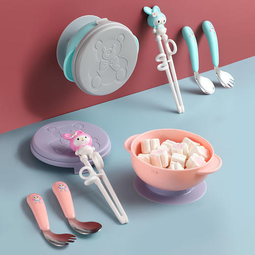 儿童吸盘碗吸管辅食碗杯儿童练习筷子不锈钢勺叉宝宝餐具套装防摔 商品图1