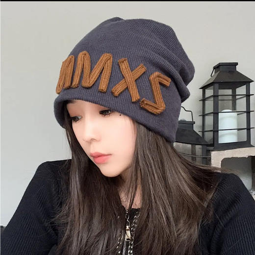 网红字母粗针织冷帽百搭坑条堆堆帽子女秋冬针织毛线包头帽 商品图0