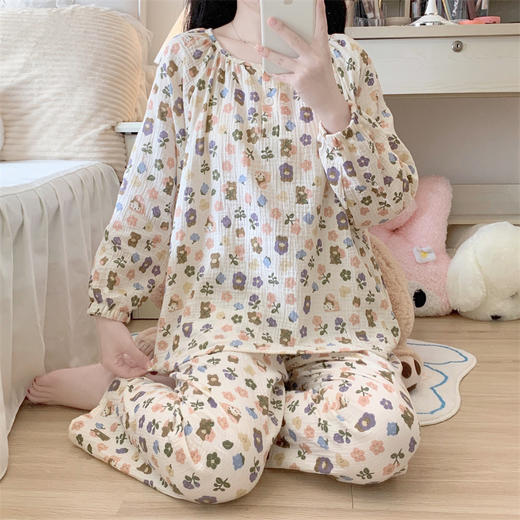 【应季好物】韩版宽松甜美圆领双层棉纱印花睡衣套装 商品图4
