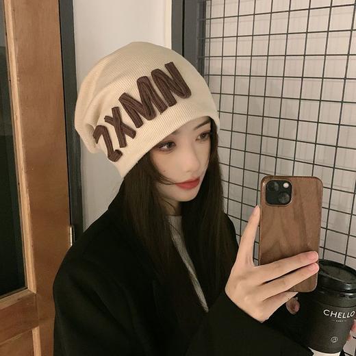 网红字母粗针织冷帽百搭坑条堆堆帽子女秋冬针织毛线包头帽 商品图7