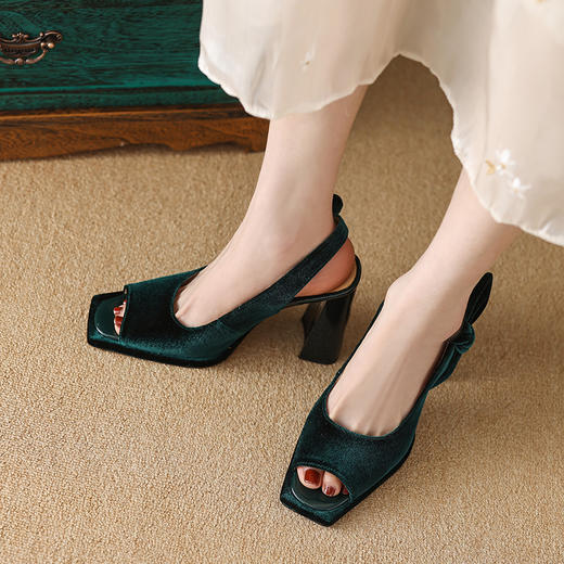 时尚休闲，春夏优雅平头鱼嘴高跟粗跟丝绒凉鞋DZM-2367 商品图11