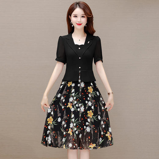 拼结假两件连衣裙，中长款印花裙A字裙QYM-JBY23A18-Y 商品图1