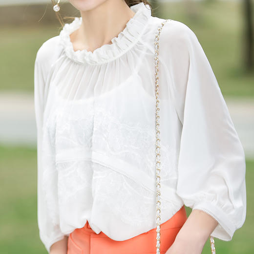 欧芮儿2016春夏新款女装立领七分袖宽松白色蕾丝拼接雪纺衫上衣女 商品图2