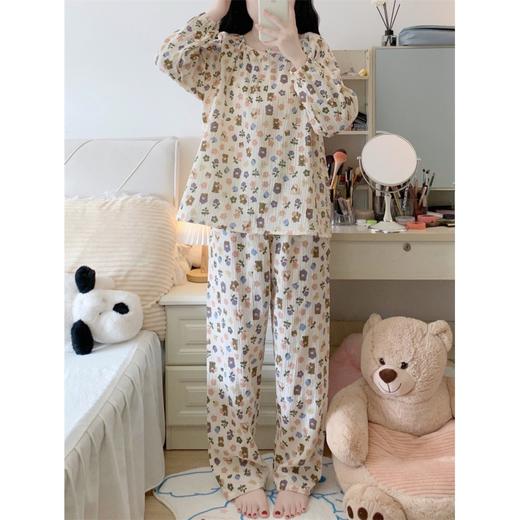 【应季好物】韩版宽松甜美圆领双层棉纱印花睡衣套装 商品图2