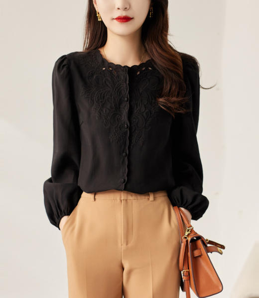 TGG法式优雅风 定位刺绣 气质圆领长袖衬衫灯笼袖小上衣衬衫女春秋 商品图2