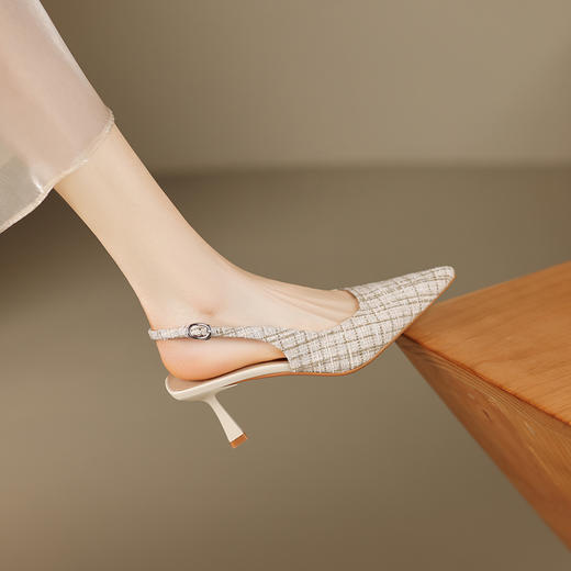 春夏新款，尖头亚麻鞋面格纹优雅细跟凉鞋ZZ-Z1056 商品图5