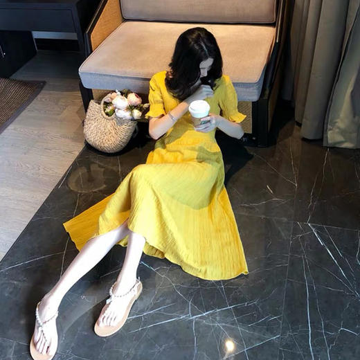 【仙女显瘦收腰甜美】2023夏季新款韩版纯色桔梗超仙女森系甜美收腰显瘦气质方领连衣裙 商品图2