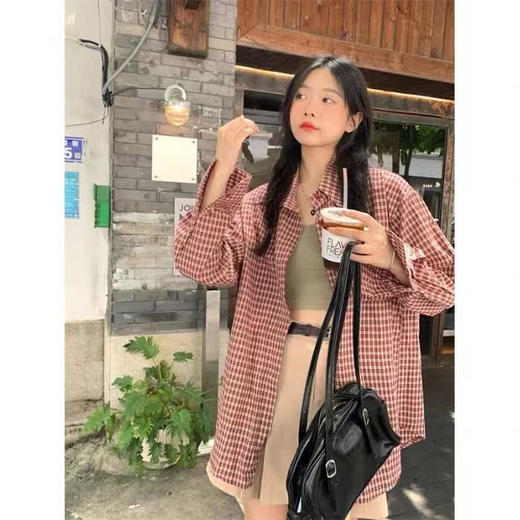 【美式复古格子衬衫】女长袖2023春季薄款宽松休闲开衫外套上衣衬衣潮 商品图1