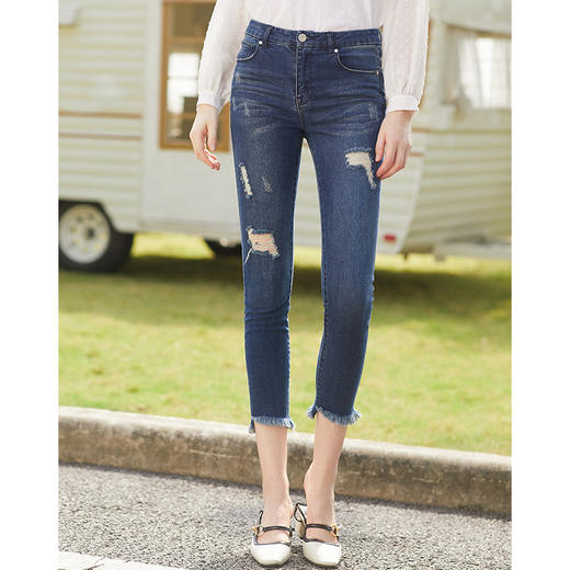 欧芮儿2021冬季新款破洞牛仔裤女 高腰显瘦九分裤网红复古小脚裤 商品图0