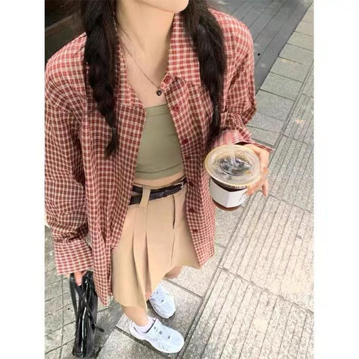 【美式复古格子衬衫】女长袖2023春季薄款宽松休闲开衫外套上衣衬衣潮 商品图2