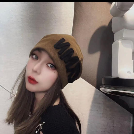 网红字母粗针织冷帽百搭坑条堆堆帽子女秋冬针织毛线包头帽 商品图4