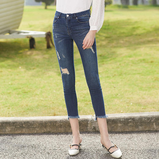 欧芮儿2021冬季新款破洞牛仔裤女 高腰显瘦九分裤网红复古小脚裤 商品图3