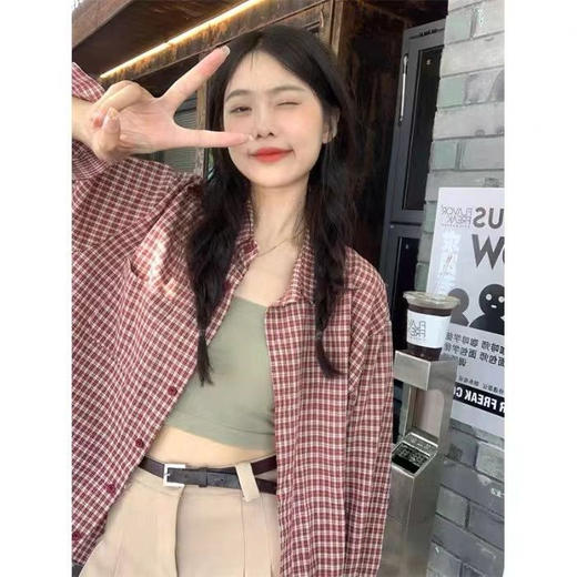 【美式复古格子衬衫】女长袖2023春季薄款宽松休闲开衫外套上衣衬衣潮 商品图0