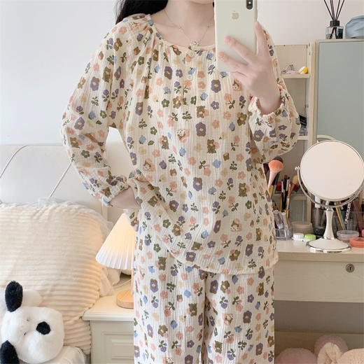 【应季好物】韩版宽松甜美圆领双层棉纱印花睡衣套装 商品图3