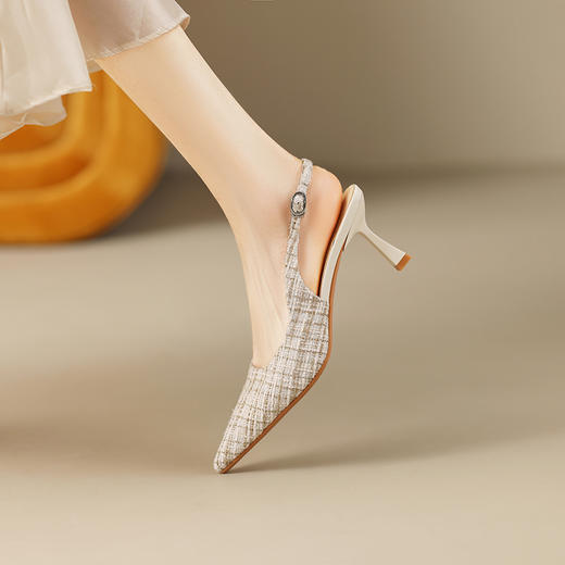 春夏新款，尖头亚麻鞋面格纹优雅细跟凉鞋ZZ-Z1056 商品图3
