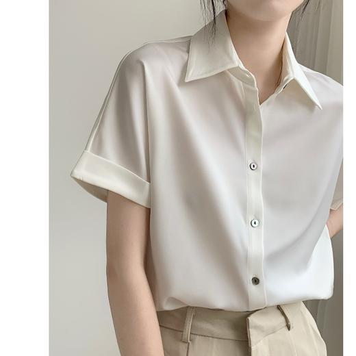 【纯色气质绸缎修身显瘦】白色缎面短袖衬衫女夏正装polo职业通勤面试衬衣 商品图1